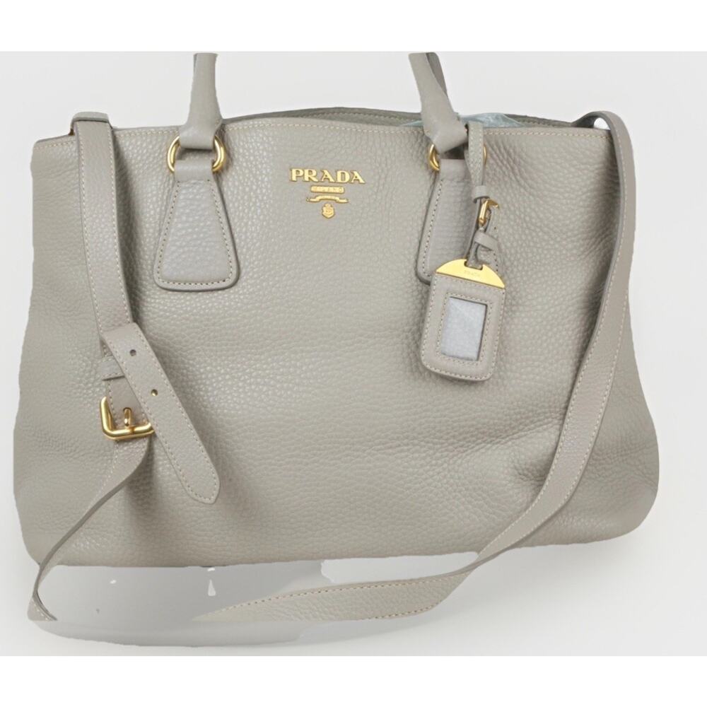PRADA Vitello Daino Tote Taupe Gray Pebbled Grained Leather Shoulder Strap Bag